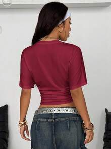 Coolane Women's Summer Minimalist Y2K Basic Daily Wear Casual Back To School Streetwear Stretchy Burgundy Loose Ruched Crop Tees,Red Top - Burgundy - View 2