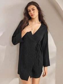 Ocili Bata de mujer de manga larga con cinturón de amarre a la cintura, estilo minimalista con rayas, para otoño e invierno - Negro - Ver 4