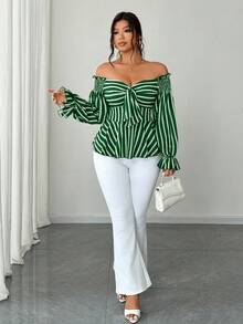 Elenzga Plus Size Off-Shoulder Long Sleeve Casual Vacation Blouse - Dark Green - View 4
