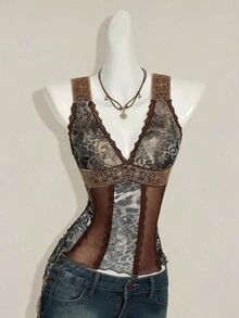 SHEIN ICON 女士性感火辣复古千禧风 Y2K 现代时尚个性前卫波西米亚风黑色佩斯利混色豹纹拼接网纱蕾丝撞色异域风情缎带V领修身上衣 - 彩色 - 查看 4