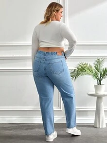 SHEIN Cottnline 100%Cotton Plus Size Water Washed Mom Style Jeans Mom Jeans - Medium Wash - View 2