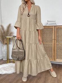 EMERY ROSE Women's Autumn Simple Notched Collar Ruffle Hem Tiered Linen Maxi Dress,Khaki Boho Long Sleeve Casual Vacation Outfits For Party Wedding Guest Chic - Khaki - View 5