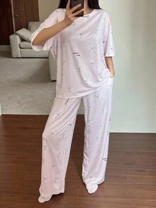 DAZY 可爱狗狗图案全身印花宽松 T 恤和直筒睡裤 2 件套女士睡衣套装 - 白色 - 查看 3