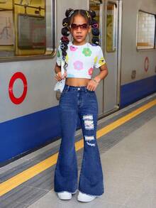 SHEIN Tween Girl Summer Holiday Raw Hem Lilac Washed Ripped High Stretch Cotton Soft Flare Jeans Pants,Summer Vacation Beach Concert Rave, Distressed Bell Bottom Jeans, Bell Bottom Jeans, Blue Jeans, Medium Wash Jeans Fall Winter - Dark Wash - View 5