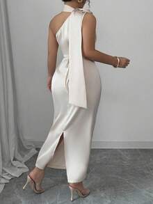 Elenzga 大码不对称缎面荷叶边连衣裙，优雅分层紧身性感连衣裙，适合多种场合，春夏季别致度假连衣裙 - 杏色 - 查看 2