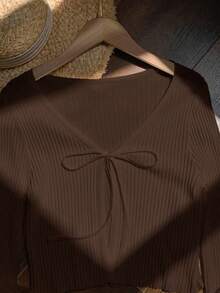 Comfortcana 秋冬休闲纯色针织系带开衫 - 棕色 - 查看 4