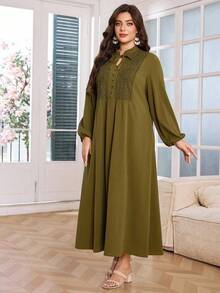 Lacomfia Đầm dài tay thắt eo thêu nút cổ khoét lỗ cho nữ cỡ lớn - xanh quân đội - Xem 3