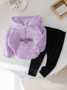 Bộ 2 áo nỉ dài tay in chữ dễ thương cho bé gái, áo nỉ có mũ và quần legging dệt kim, mùa thu/đông - Nhiều màu - Xem 6