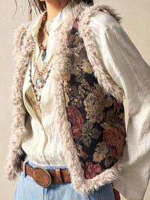 Bohemela 女式休闲花卉提花开襟无袖仿皮草大衣，秋冬 - 彩色 - 查看 4