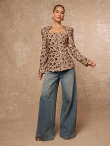 Lumalex Blazer femme à manches longues avec taille cintrée, col carré, imprimé léopard ou guépard. Top élégant pour femme, robe élégante et glamour pour les fêtes, les soirées, les mariages, les vacances, les festivals et les occasions spéciales en automne et en hiver. - Kaki - Voir 8