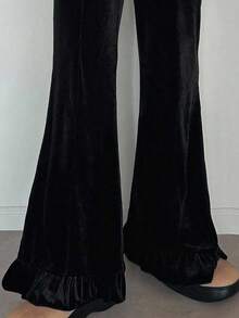 FRIFUL Women's Black Solid Color Elastic Waist Velvet Flare Leg Pants With Frill Trim Decoration, Autumn Ladies - Black - View 1