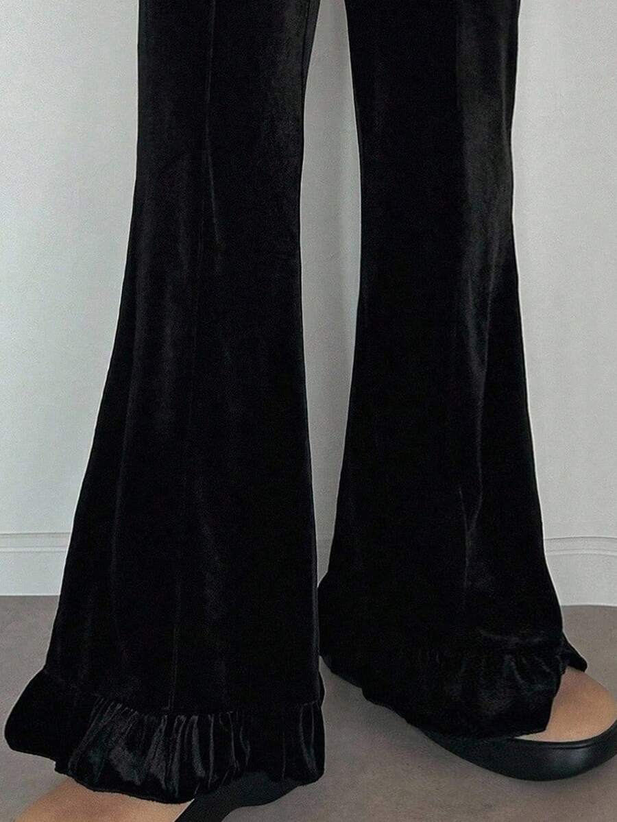 FRIFUL Women's Black Solid Color Elastic Waist Velvet Flare Leg Pants With Frill Trim Decoration, Autumn Ladies - Black - View 1