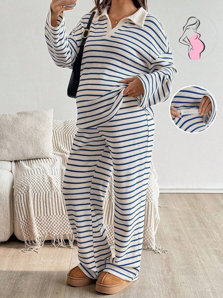 SHEIN 2件套孕妇休闲条纹上衣和裤子套装,秋季 - 藍白色 - 查看 1
