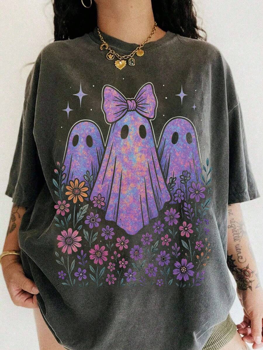 Glissea 加大码女款可爱鬼魂与花卉印花万圣节T恤，休闲圆领短袖T恤，秋季女装，开学季圣诞夜惊魂 - 杏色 - 查看 1