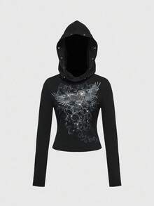 ROMWE Grunge Punk Sudadera con capucha de manga larga con gráfico de alas, vid y corazón de estilo vintage Y2K PUNK con strass - Negro - Ver 3