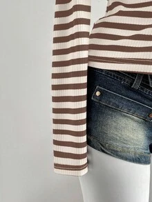 SHEIN Unity 黑白罗纹露肩褶饰纽扣装饰前开衩修身长袖 T 恤，时尚简约优雅，适合通勤、休闲、日常、外出、约会、秋冬 - 棕色 - 查看 7