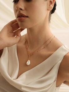 Opalesca 不对称仿珍珠吊坠项链，适合日常佩戴 - 金黃色 - 查看 5