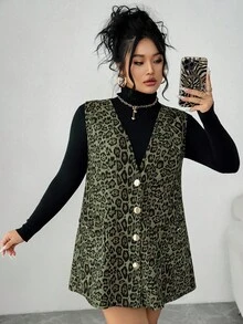 Elenzga Plus Size Women V-Neck Sleeveless Leopard Print Dress, Autumn/Winter - Olive Green - View 5