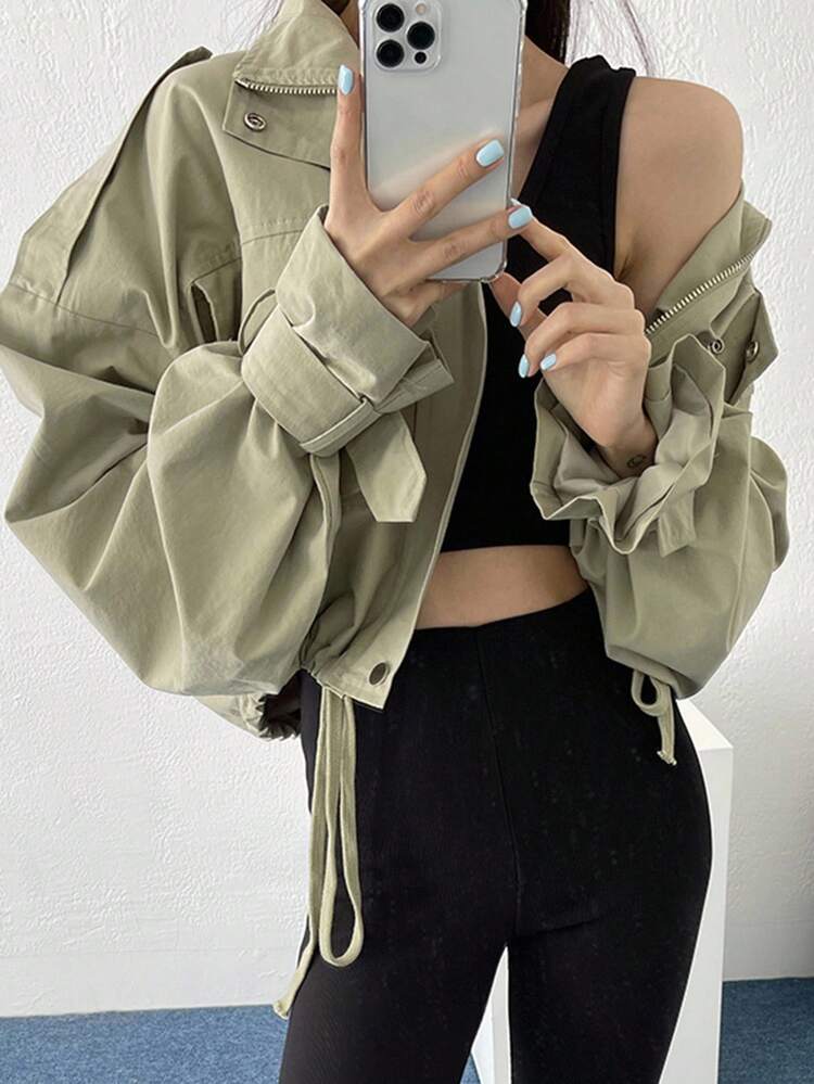 Flap Pocket Drop Shoulder Drawstring Hem Jacket,Fall Clothes