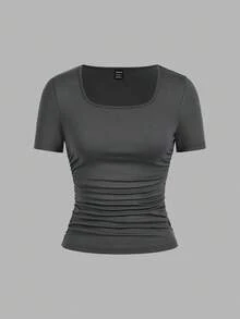 SHEIN EZwear 4 件套休闲纯色百搭方领短袖 T 恤，适合秋夏季，加大码 - 彩色 - 查看 7