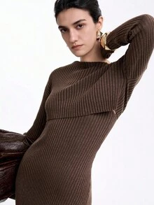 SHEIN LUNE 2pcs Maillard Long Sleeve Shawl Collar Cardigan & Ribbed Camisole Maxi Dress Set, Spring/Autumn - Coffee Brown - View 2