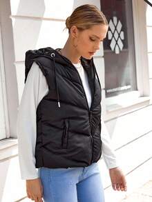 EURMUSE Zip Up Drawstring Hooded Vest Puffer Coat - Black - View 3