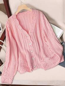 Franclia 博主风格宽松镂空碎花针织开衫，时尚设计 - 淺粉色 - 查看 5