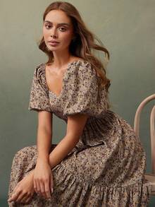 WESTFADE Floral Print Corduroy & Scallop Lace Short Puff Sleeve Tiered Midi Dress Fall, Autumn, Winter, Boho Outfit, Casual Western Wear For Women, Cute Country Concert Outfit