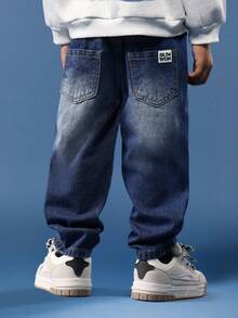 SUMWON 棉质弹力腰带套穿牛仔裤 儿童舒适宽松牛仔裤 休闲日常经典直筒水洗裤 秋冬春装 青少年风格 度假 - 藍色 - 查看 4