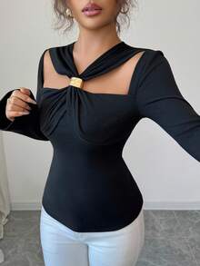 Selianne Áo thun nữ dáng ôm khoét lỗ màu trơn thanh lịch dành cho người đi làm - màu đen - Xem 5