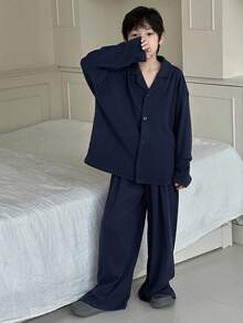 DAZY 2pcs/Set Tween Boy Long Sleeve Homewear Top And Pants Set Fall, Winter - Navy Blue - View 2