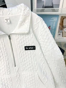 SHEIN Áo sweatshirt crop tay dài cổ tròn màu trắng cho nữ tuổi teen, chất liệu dệt kim chần bông, áo sweatshirt crop tay dài cổ tròn dáng rộng màu trắng, áo sweatshirt khóa kéo màu trắng, áo dệt kim họa tiết màu trắng, áo sweatshirt khóa kéo phong cách Y2K, áo sweatshirt mùa thu đông. - trắng - Xem 4