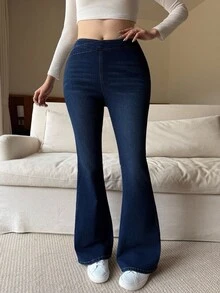 SHEIN Tall Fall/Winter Women's Casual Flared Distressed Denim Jeans, Going Out Chic Winter-Warm Thermal Lined Mid-Rise Blue Jeans - Dark Wash - View 6