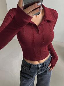 DAZY 学院风秋季新款单件女式Polo领修身纹理T恤长袖女式上衣 - 酒紅色 - 查看 3