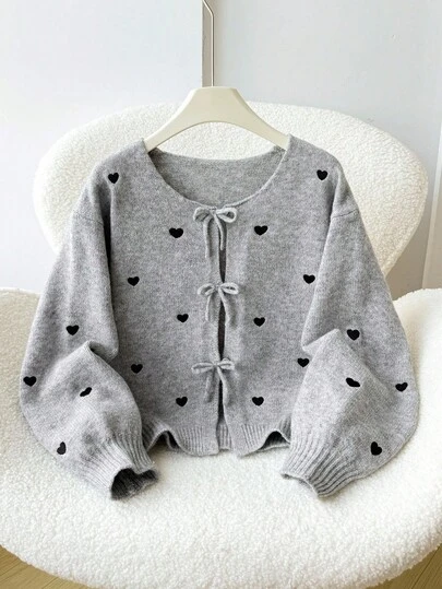 SHEIN Tween Girls' Loose Casual Minimalist Comfortable Round Neck Long Sleeve Tie Bow Heart Cardigan, Back To School Season Fall Winter