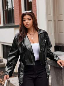 Vionelle Chaqueta corta de motociclista de piel sintética para mujer de talla grande - Negro - Ver 6