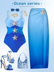 Swim Oasis 加大码连体泳衣，渐变蓝至海军蓝海星金属装饰，简约优雅的女士海滩装，夏季 - 彩色 - 查看 1