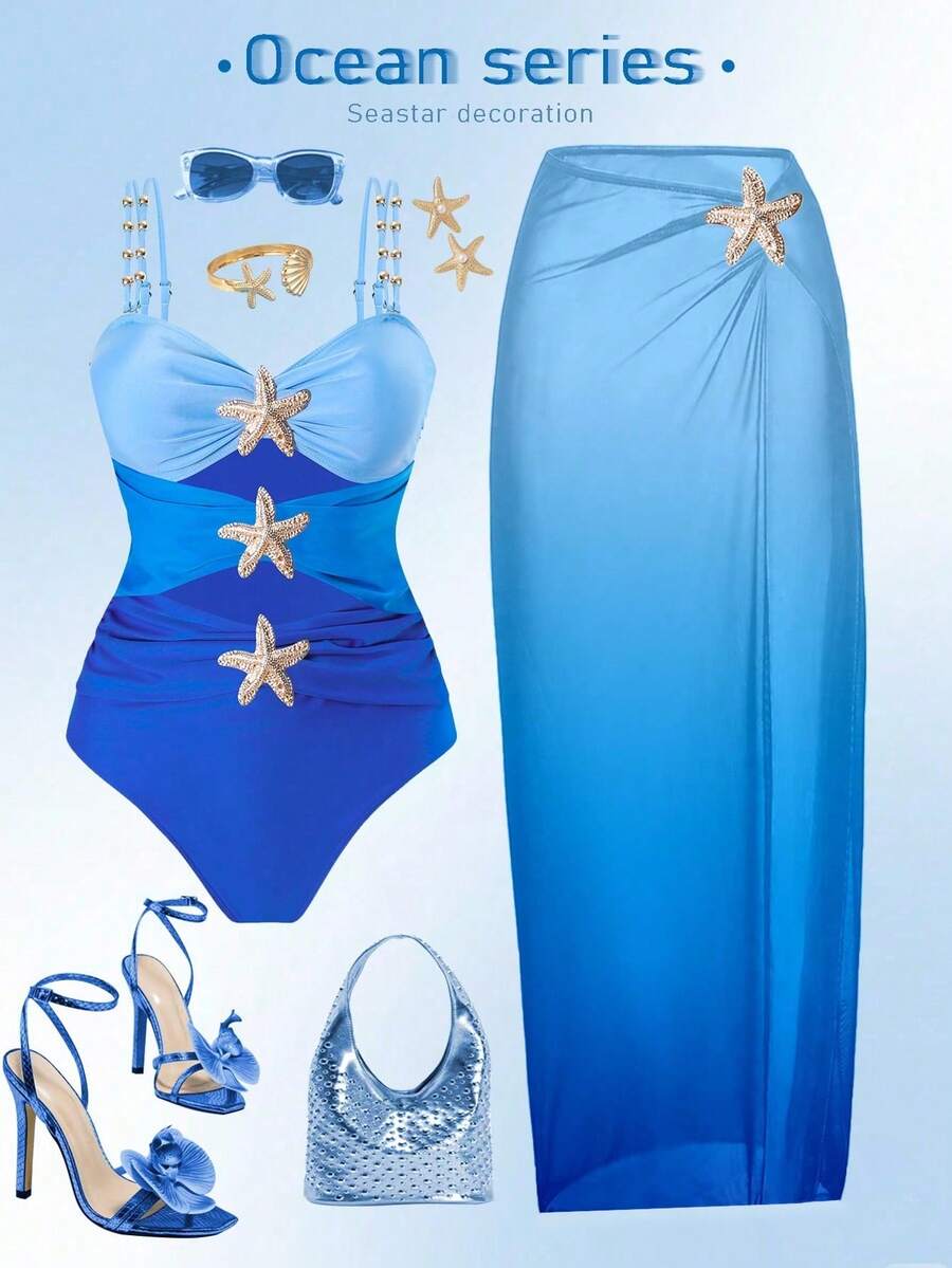 Swim Oasis 加大码连体泳衣，渐变蓝至海军蓝海星金属装饰，简约优雅的女士海滩装，夏季 - 彩色 - 查看 1