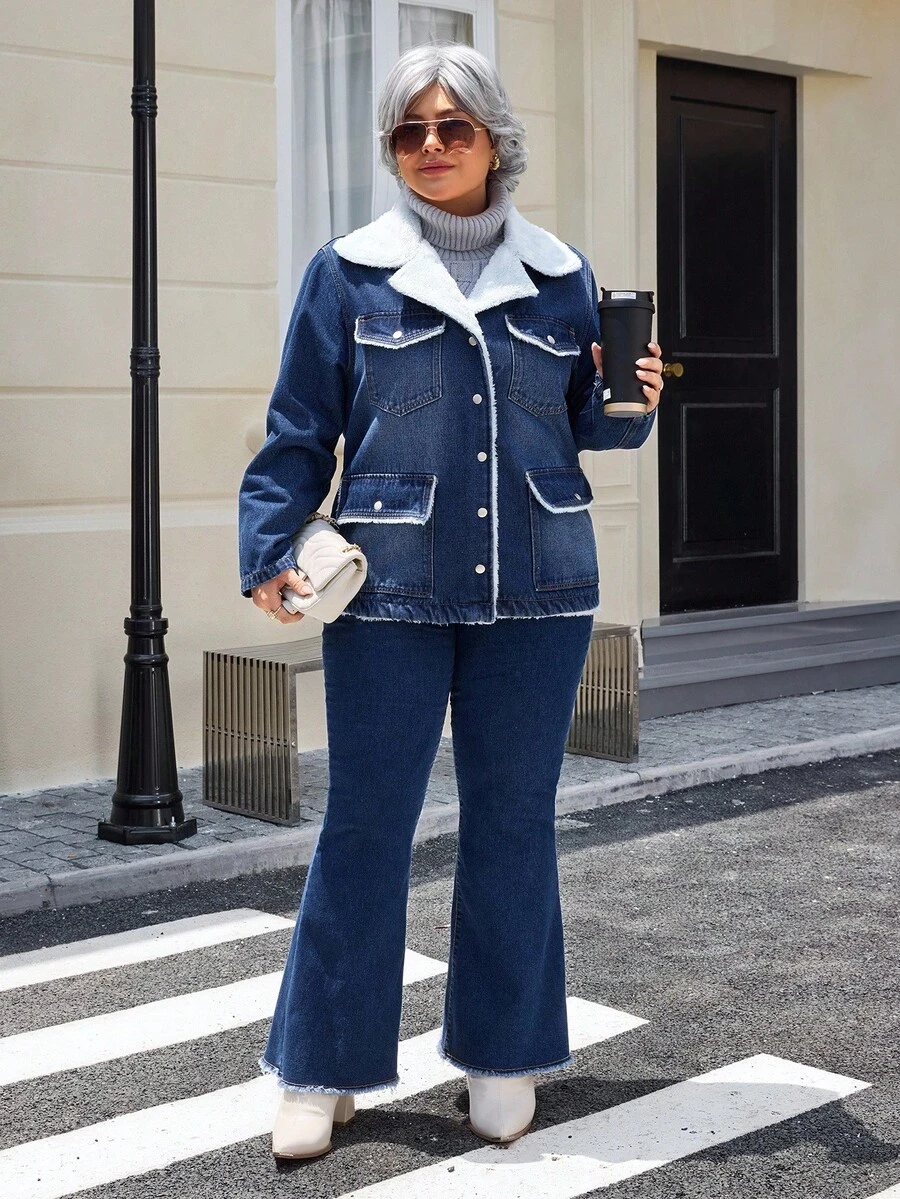 EMERY ROSE Áo khoác denim lót nhiệt thời trang cỡ lớn dành cho nữ mùa đông - Rửa tối - Xem 1