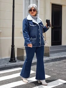 EMERY ROSE Áo khoác denim lót nhiệt thời trang cỡ lớn dành cho nữ mùa đông - Rửa tối - Xem 3