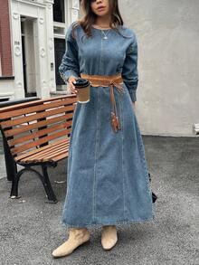 Livesso 女式秋季圆领收腰泡泡袖牛仔连衣裙 - 藍色 - 查看 4