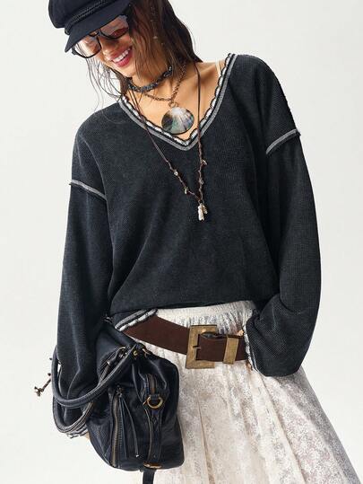 Bohemela 秋冬女士休闲纯色V领长袖宽松水洗卫衣