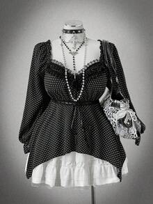 Sunspun Plus Size Polka Dot Lace Patchwork Long Sleeve Asymmetrical Hem Blouse