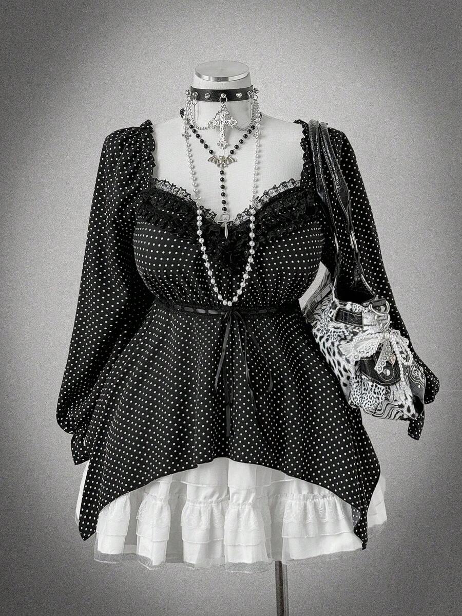 Sunspun Plus Size Polka Dot Lace Patchwork Long Sleeve Asymmetrical Hem Blouse