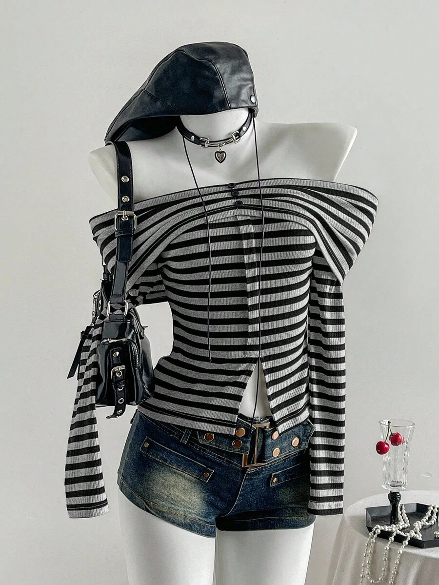 Elamini Grey Black & White Ribbed Texture Off Shoulder Ruched Long Sleeve T-Shirt,Grunge Button Decor Front Split Fitted Top,Autumn Night Out Minimalist Tee - Black - View 1