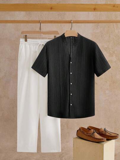 EASEVO 2件套加大码男士纯色短袖衬衫和抽绳裤