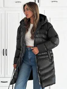 SHEIN Cottnline Women Solid Color Zipper And Pocket Detailed Long Winter Coats - Black - View 3