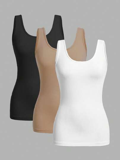 SHEIN Essnce Set da 3 canotte da donna casual e minimaliste, a collo tondo, slim fit, adatte per l'estate