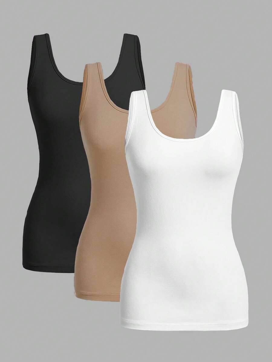 SHEIN Essnce 3pcs/Set Casual Minimalist Slim Fit Women Round Neck Camisole, Suitable For Summer - Multicolor - View 1
