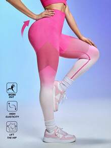 Gameset SHEIN Sport Women's High Waist Ombre Fitted Contrast Color Leggings For Fitness & Sports Yoga Pants - Pink - View 2